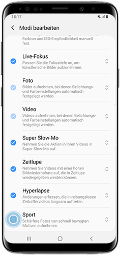 Wählen Sie Sport unter den Kameramodi in der Kamera des Galaxy S9/S9+.