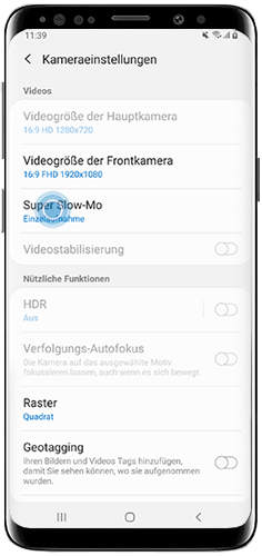 Tippen Sie in den Kameraeinstellungen Ihres Galaxy S9 plus auf Super Slow-Mo.