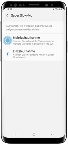 Waehlen Sie Mehrfachaufnahme oder Einzelaufnahme aus, um mit Ihrem Galaxy S9 plus ein Super Slow-Mo Video aufzunehmen.