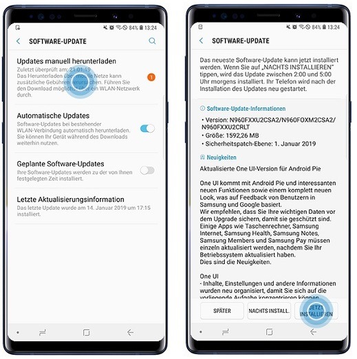 Auf JETZT INSTALLIEREN tippen, um die Software des Galaxy Note9 zu aktualisieren.