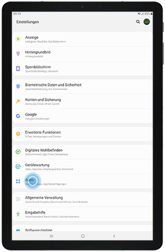 Wählen Sie Apps in den Einstellungen des Galaxy Tab S4.