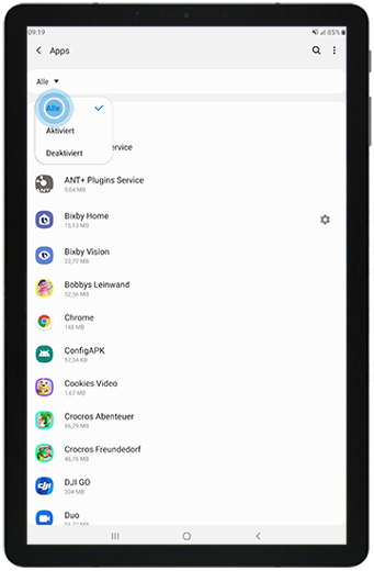Wählen Sie eine der Optionen Alle, Aktiviert oder Deaktiviert aus, um Apps auf Ihrem Galaxy Tab S4 zu filtern.