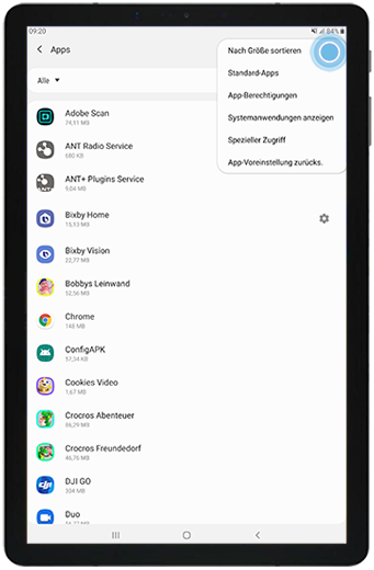 Tippen Sie auf das Weitere Optionen-Symbol unter Apps und Einstellungen auf Ihrem Galaxy Tab S4.