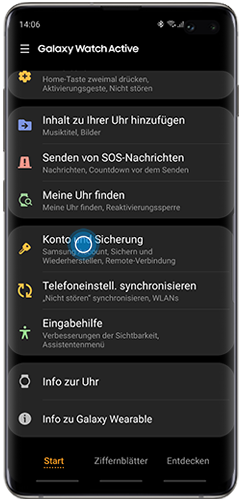 Tippen Sie auf Konto und Sicherung, um Daten der Galaxy Watch Active in der Samsung Cloud zu sichern.