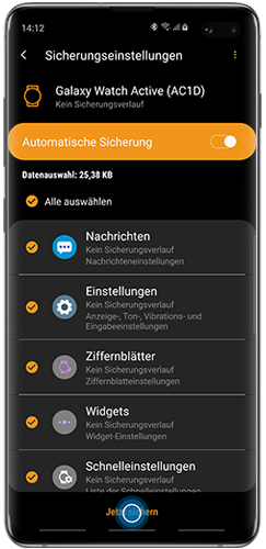 Tippen Sie auf Jetzt sichern, um die Daten Ihrer Galaxy Watch Active in Ihrer Samsung Cloud zu sichern.