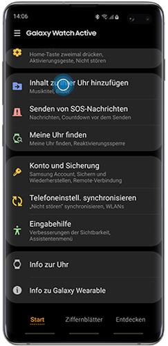 Tippen Sie auf Inhalt zu Ihrer Uhr hinzufügen, um Bilder von Ihrem Smartphone auf Ihre Galaxy Watch Active zu importieren.