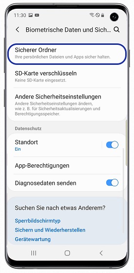 Auf dem S10 wird der Menüpunkt Sicherer Ordner gewählt.