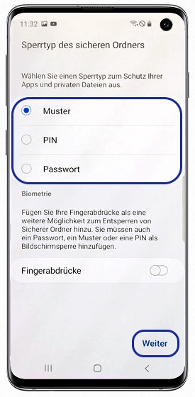 Aus Muster, PIN, Passwort und Fingerabdruck wird eine Entsperrmethode gewählt.