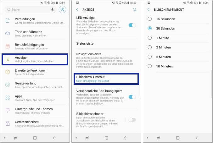 Dauer des Bildschirm-Timeouts in den Einstellungen des Smartphones festlegen.