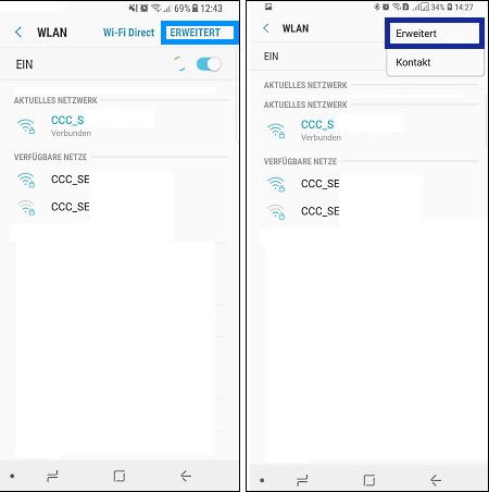 In den WLAN Einstellungen auf das Weitere Optionen-Symbol oder ERWEITERT tippen.