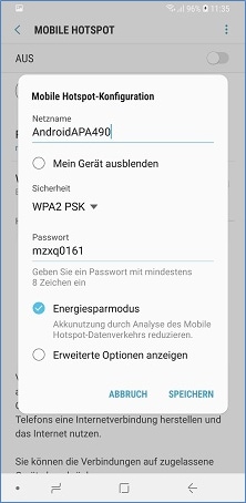 Samsung Smartphone: Mobile Hotspot konfigurieren.