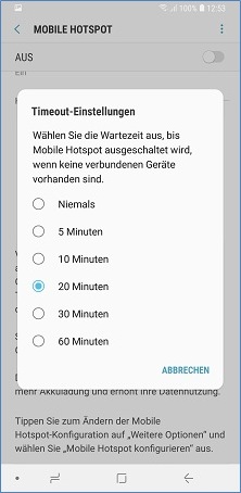 Samsung Smartphone: Wartezeit wählen bis Mobile Hotspot ausgeschaltet wird, falls keine verbundenen Geräte vorhanden sind.