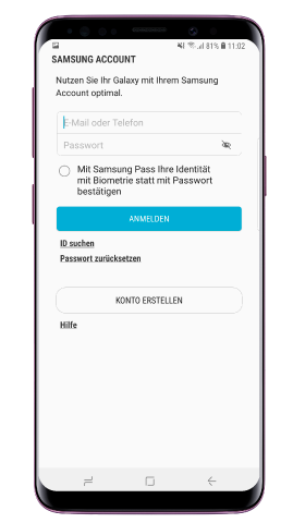 Synchronisierung mit Samsung Cloud auf dem Galaxy S9 plus, Samsung Account