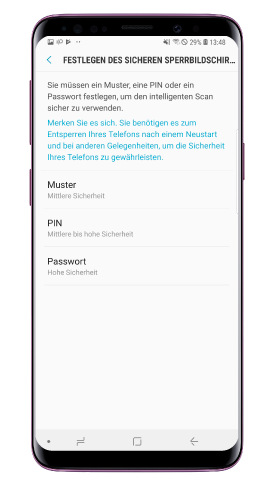 Intelligenter Scan des Galaxy S9 plus, Entsperrmethode festlegen