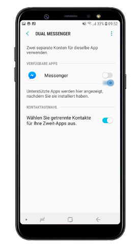 Tippen Sie auf den Schieberegler neben der Messenger-App, für die Sie ein zweites Konto einrichten möchten