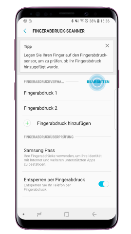Fingerabdruck-Scanner des Galaxy S9/S9 plus, bearbeiten