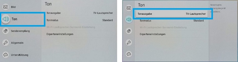 Samsung Smart TV - Menü der Tonausgabe aufrufen