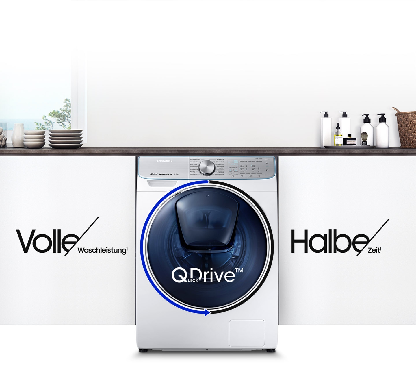 An image showing a QuickDrive device installed in an indoor setting, with text that reads  "Half the Time" and "No Compromise on Washing Performance.