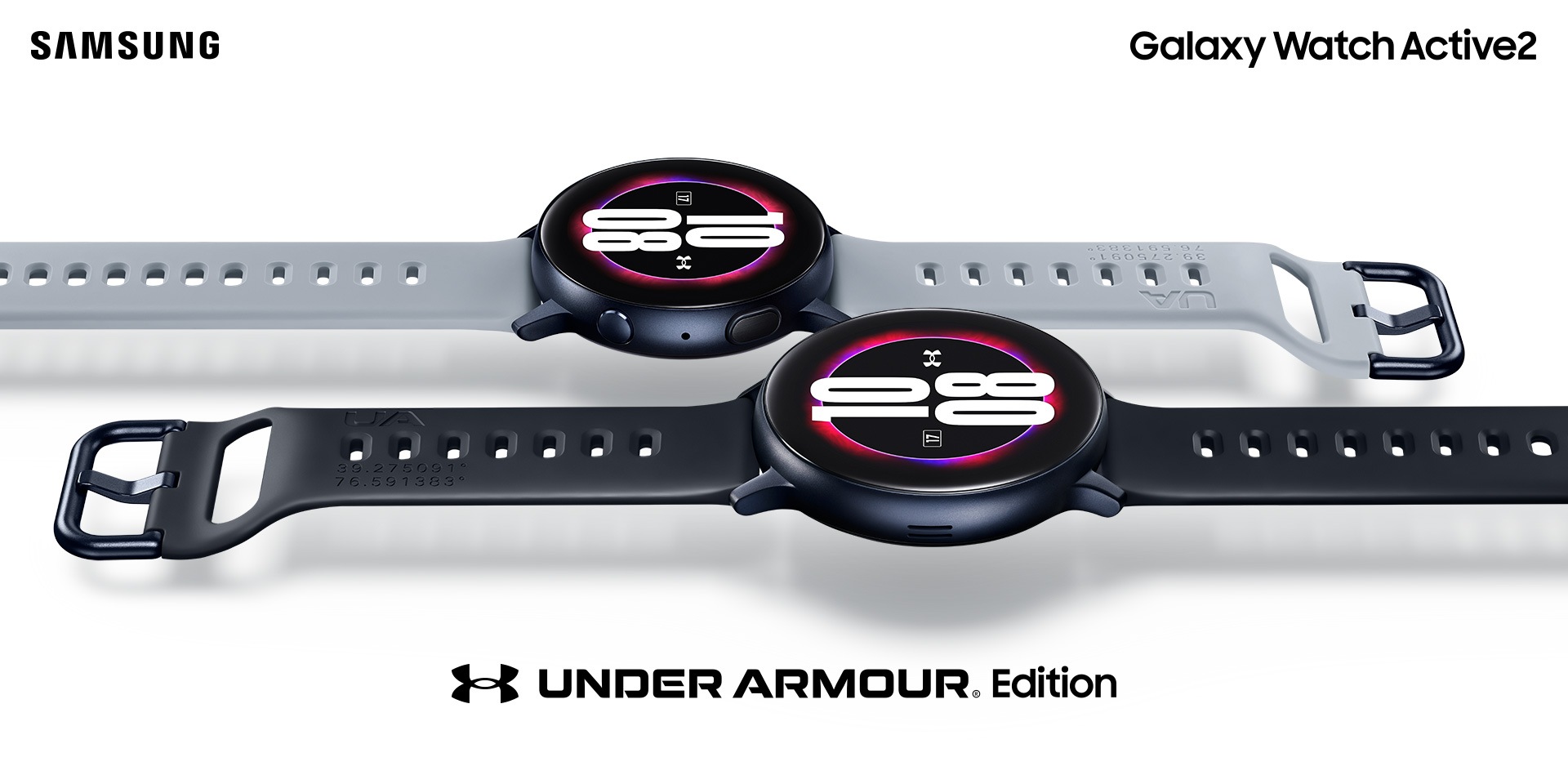 A stainless black Galaxy Watch Active2 with black leather strap that hangs over the words 'Watch Active 2' in large font below.