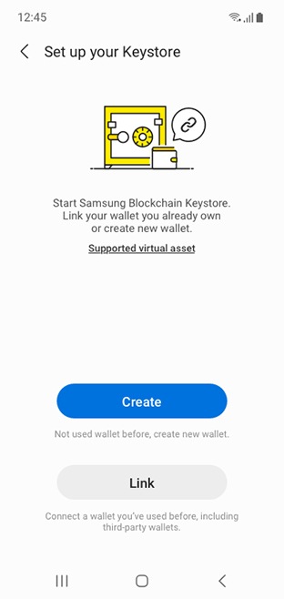 4 simulerede, grafiske brugergrænseflade-skærmbilleder af Samsung Blockchain Wallet-appen viser oprettelsesprocessen for Keystore.