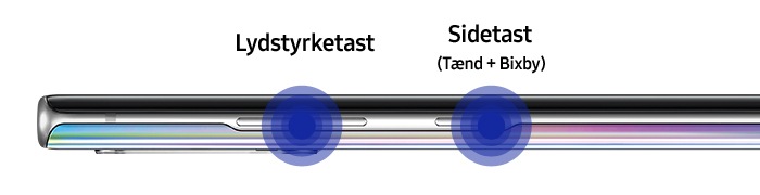 Billede der viser lydstyrketasten og sidetasten på venstre side af Note10 enhed