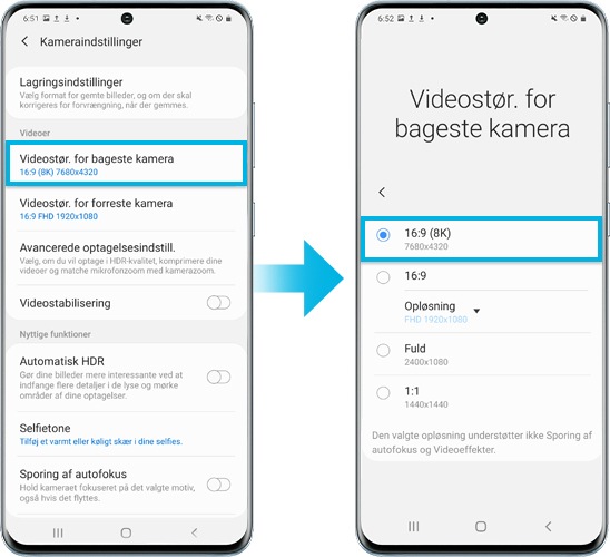 billede af en Galaxy S20-enhed, der aktiverer 8K-videotilstand
