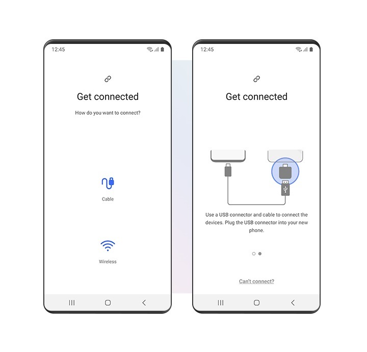 قسم "Get connected" (بدء الاتصال) في واجهة Smart Switch مُحاكى على جهاز Galaxy. تُظهِر واجهة المستخدم الرسومية على اليسار نوعي الاتصالات المتوفرين؛ كابل أو لاسلكي. وتُظهِر واجهة المستخدم الرسومية الأخرى على اليمين هاتفين ذكيين متصلين عبر كابل USB ومهايئ USB-C.