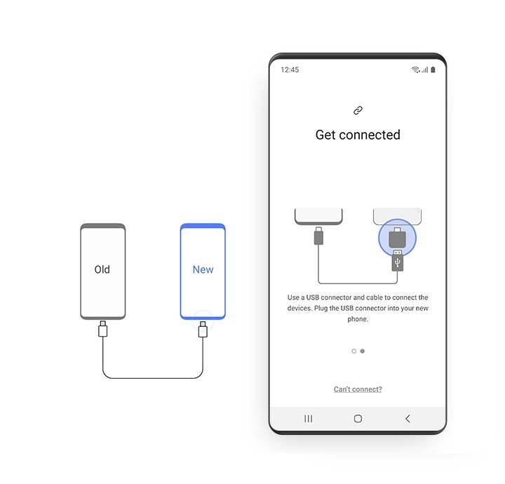 على اليمين، تُظهِر واجهة المستخدم الرسومية اتصال جهاز Galaxy بجهاز آخر عبر كابل USB. وتُظهِر واجهة مستخدم رسومية أخرى على اليمين هاتفين ذكيين متصلان عبر سلك USB باستخدام مهايئ دونجل أحد طرفيه قابس 3.5 ملم والآخر USB-C.