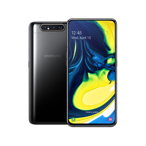 صورة لهاتف Galaxy A80، جهته الأمامية إلى الخلف، من وراء هاتف Galaxy A80 في الوضع الرأسي، مع ظهور رذاذ طلاء بالألوان الأرجواني والبرتقالي والأزرق على الشاشة.