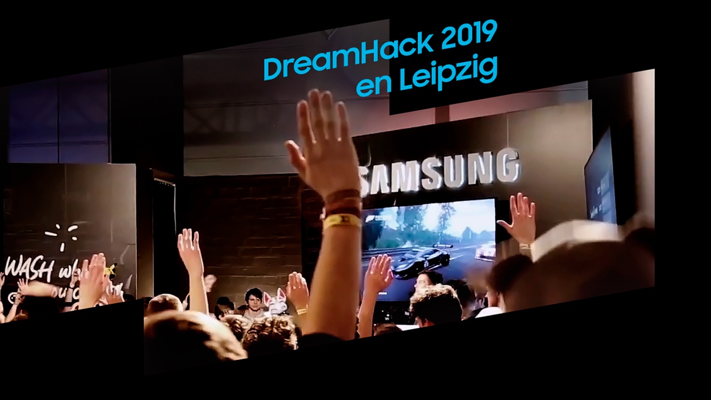 Se muestran juegos a través de un monitor gaming samsung, y mucha gente lo experimenta y disfruta. Se puede ver a cosplayers de personajes de videojuegos caminando alrededor de la exhibición, levantando los ánimos en el área de exhibición de los monitores gaming en el DreamHack2019 de Leipzig.