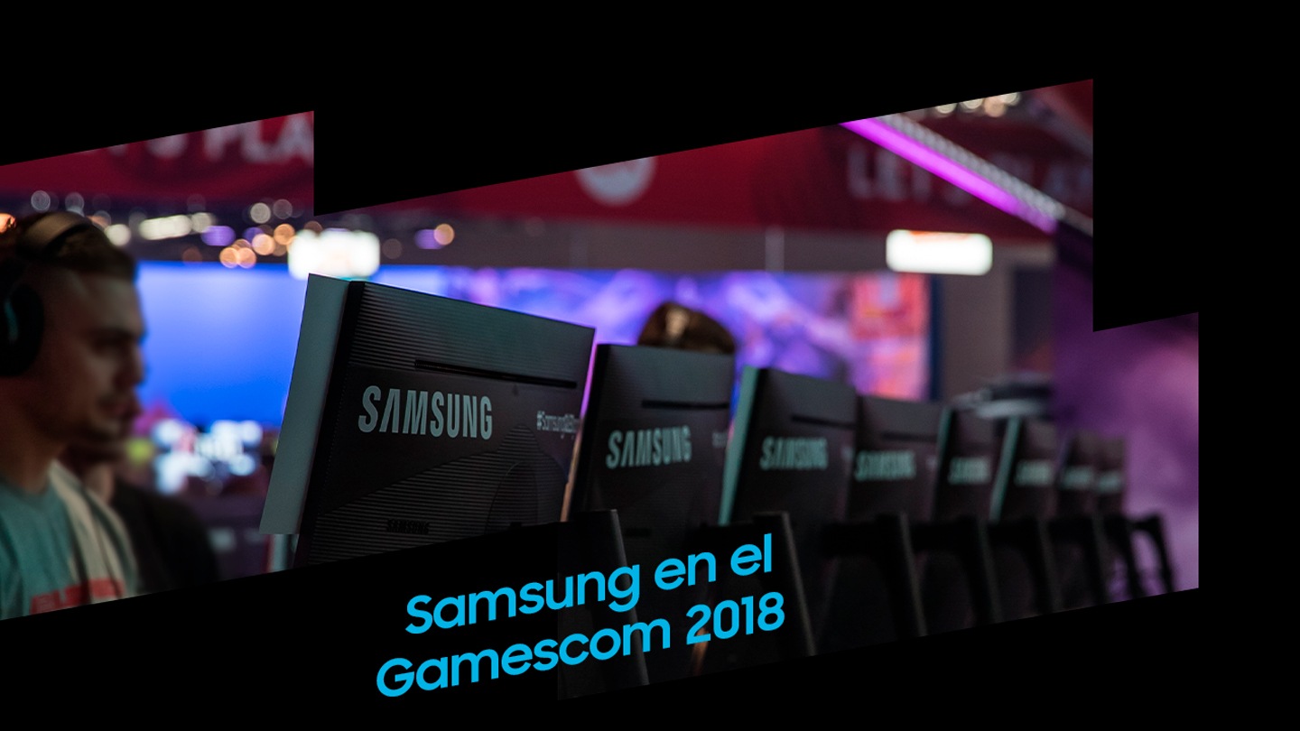 En la Gamescom 2018 muchas personas están disfrutando del monitor gaming, se graba a la gente mientras lo utiliza y el reportero retransmite la situación.