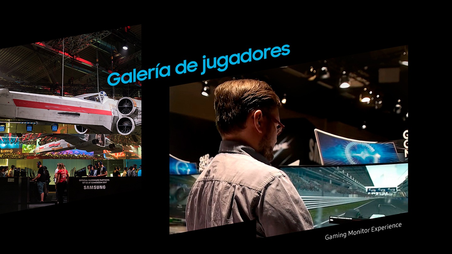 Galería de jugadores. Un jugador está jugando a un juego de carreras con monitores gaming samsung.