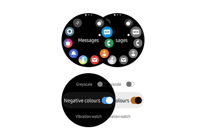 Pantalla del reloj mostrando la vista normal y la vista aplicada 'Escala de grises'. Pantalla del reloj mostrando la vista normal con la opción del menú Colores negativos y pantalla del reloj con la función 'Colores negativos' activada. Al aplicar la escala de grises, todos los colores de la pantalla del reloj cambian a blanco y negro, incluidos los iconos. Al aplicar los colores negativos, se invierten todos los colores y textos de fondo.