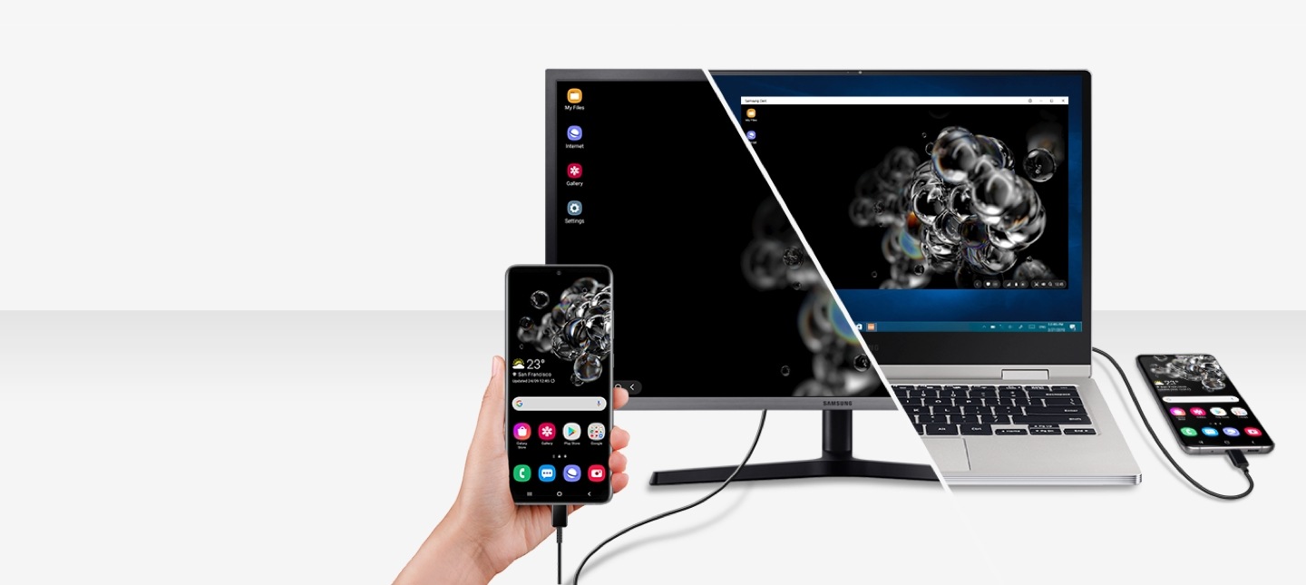 Two images are merged together, one of a Samsung monitor and a smartphone, the other of a Samsung laptop and a smartphone
