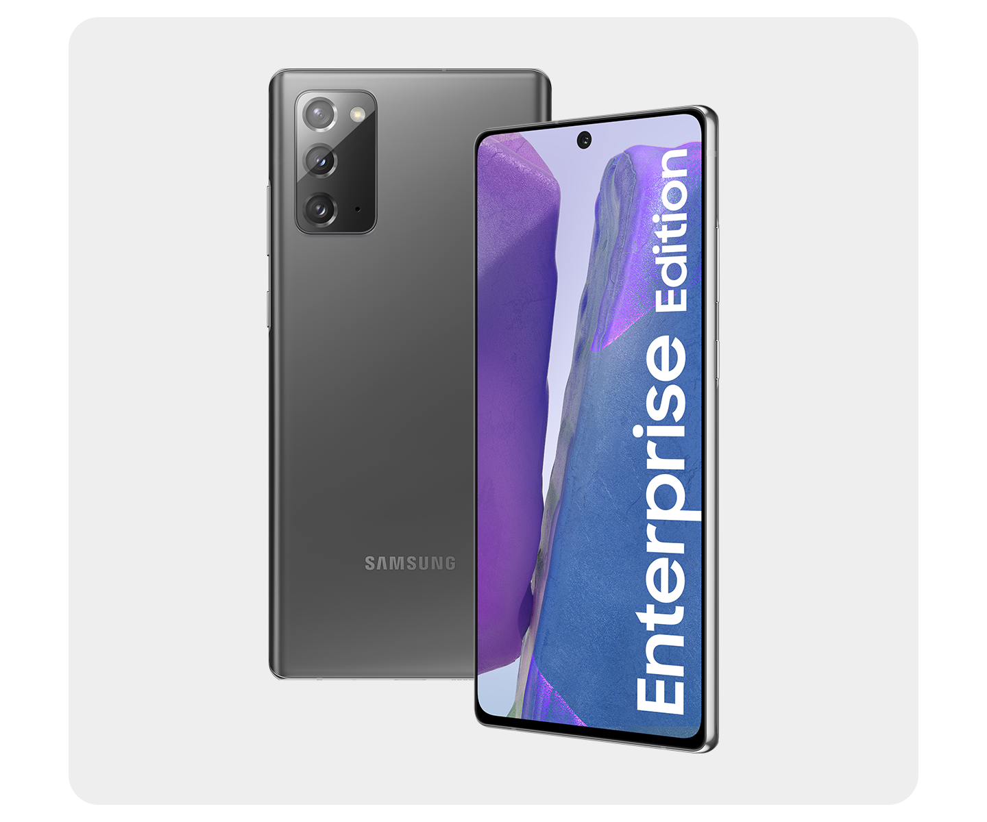 Un smartphone Samsung Enterprise Edition se muestra en el aire mirando hacia arriba con un abanico de cinco rectángulos azules saliendo de la pantalla.