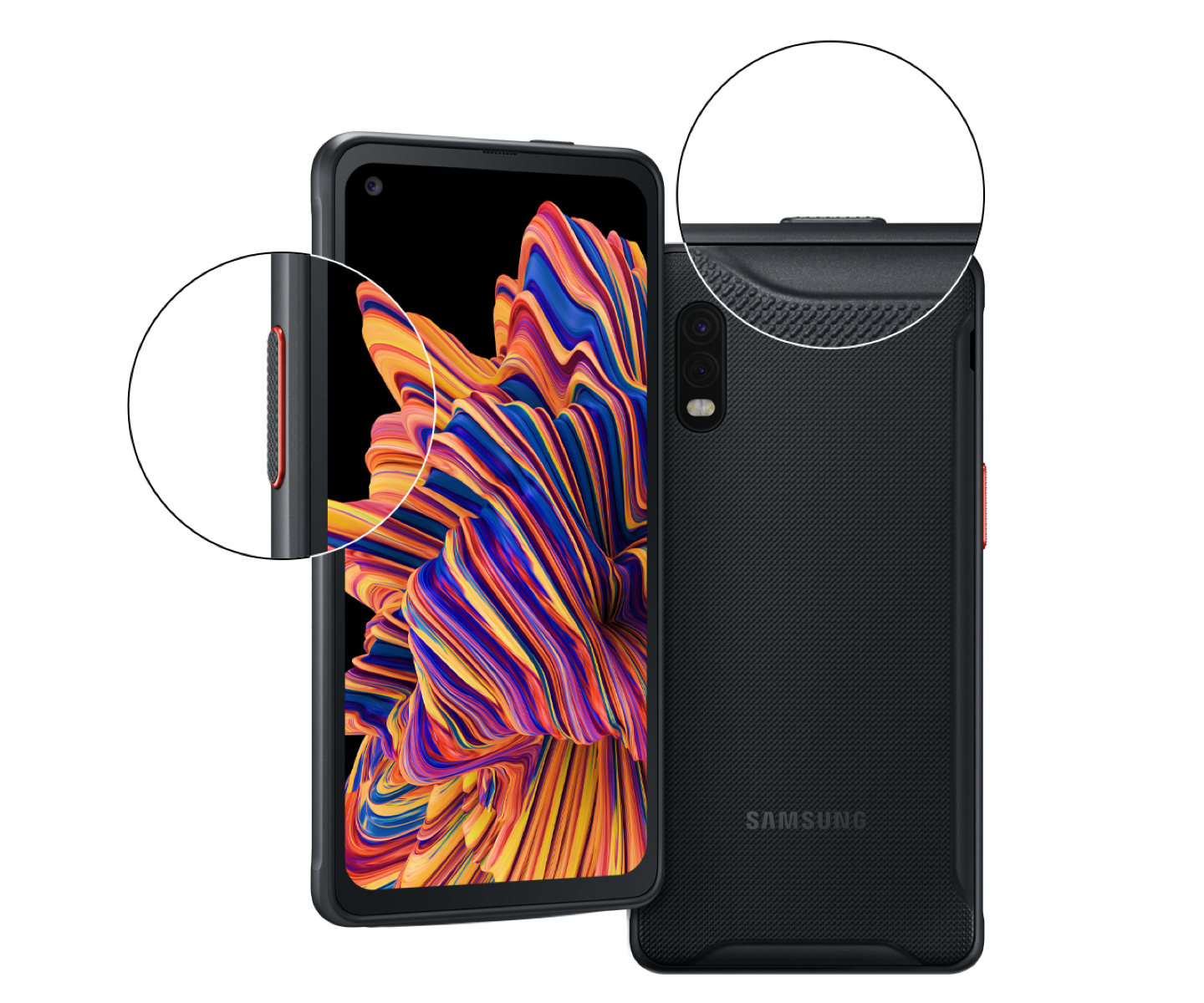 Dos smartphones rugerizados de Samsung en negro, se paran frente a un fondo blanco, con una pantalla de teléfono frente a la cámara