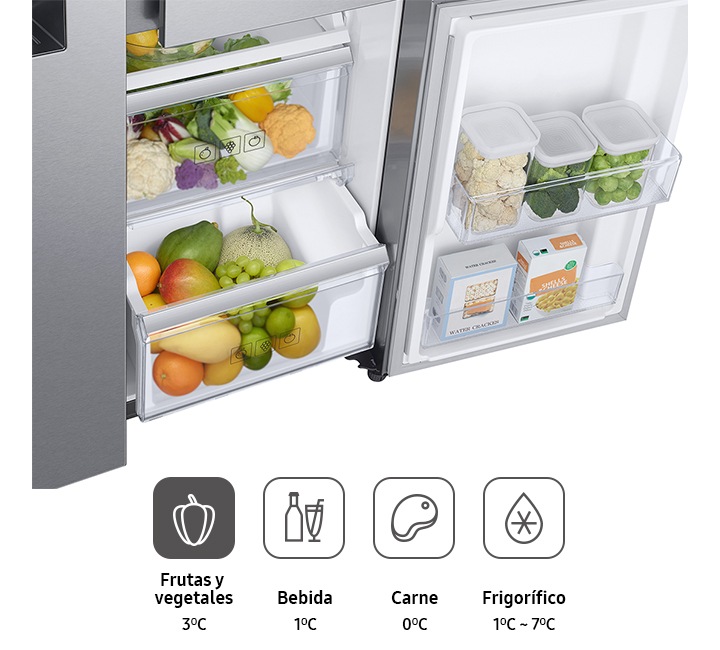El compartimento Flex Zone del frigorífico Samsung proporciona la mejor temperatura para cada alimento: 3ºC para almacenar frutas y verduras.