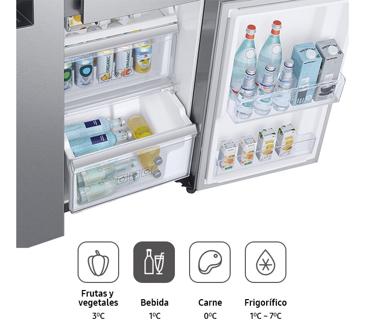 El compartimento Flex Zone del frigorífico Samsung proporciona la mejor temperatura para cada alimento: 0ºC para almacenar carne.