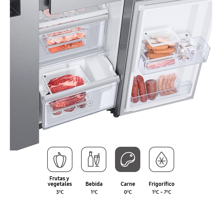 El compartimento Flex Zone del frigorífico Samsung proporciona la mejor temperatura para cada alimento: 0ºC para almacenar carne.