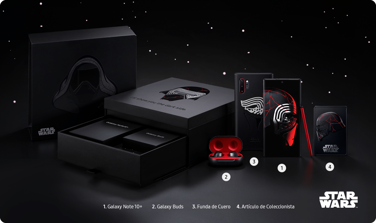 Perspectiva vertical de todos los artículos incluidos en la caja de Galaxy Note10+ <em>Star Wars<sup>TM</sup></em> Edition