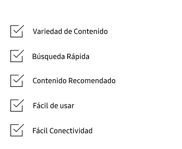 Una lista de verificación con casillas marcadas para comprar un Smart TV. Las casillas marcadas son: contenido variado, búsqueda rápida, contenido recomendado, usabilidad conveniente y conectividad fácil.