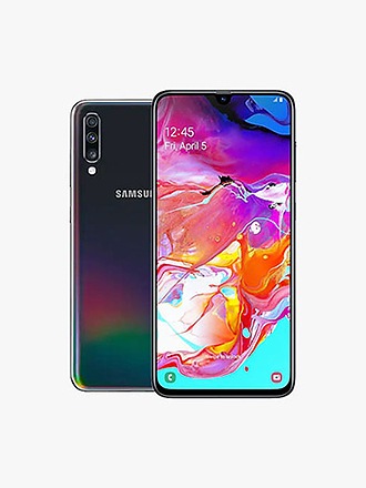 Parte trasera de un Galaxy A70 negro, con la parte delantera de un Galaxy A70 ligeramente superpuesta por encima.