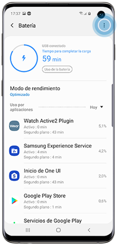 La pantalla de un Samsung Galaxy muestra el menú de Batería