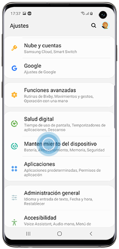 La pantalla de un Samsung Galaxy muestra el menú de Ajustes