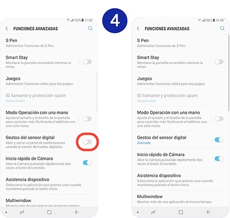 Movemos hacia la derecha el interruptor situado junto a "Gestos del sensor digital" para activar la función