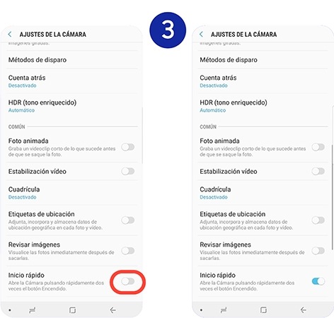 Movemos hacia la derecha el interruptor situado junto a “Inicio rápido” para activar la función