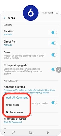 Seleccionamos la función que queremos que se realice al extraer el S Pen