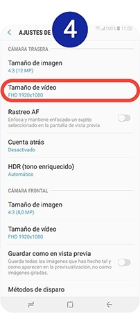 Apretamos sobre “Tamaño de vídeo” en el apartado “Cámara trasera”