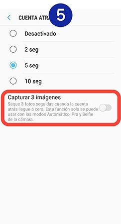 Si deseamos que la cámara saque tres fotos seguidas, damos al interruptor junto a Capturar 3 imágenes