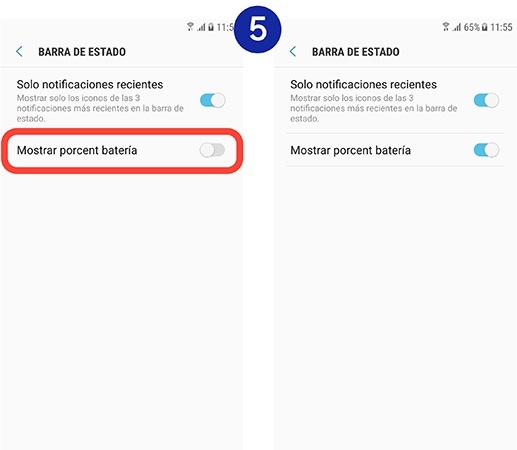 Presionamos sobre el interruptor junto a Mostrar porcentaje batería